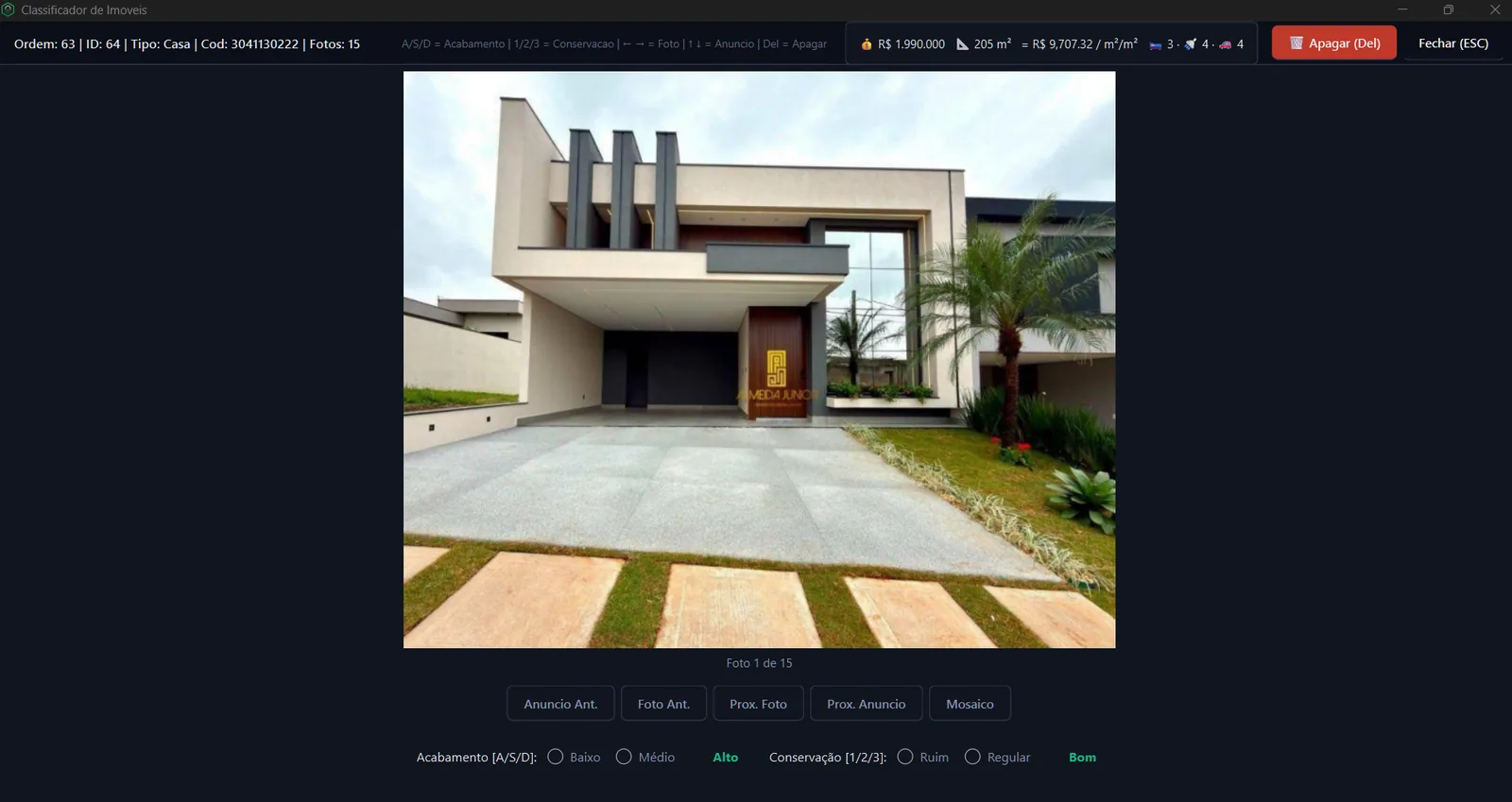 Classificador de imóveis: foto do anúncio, preço, área e botões de acabamento e conservação